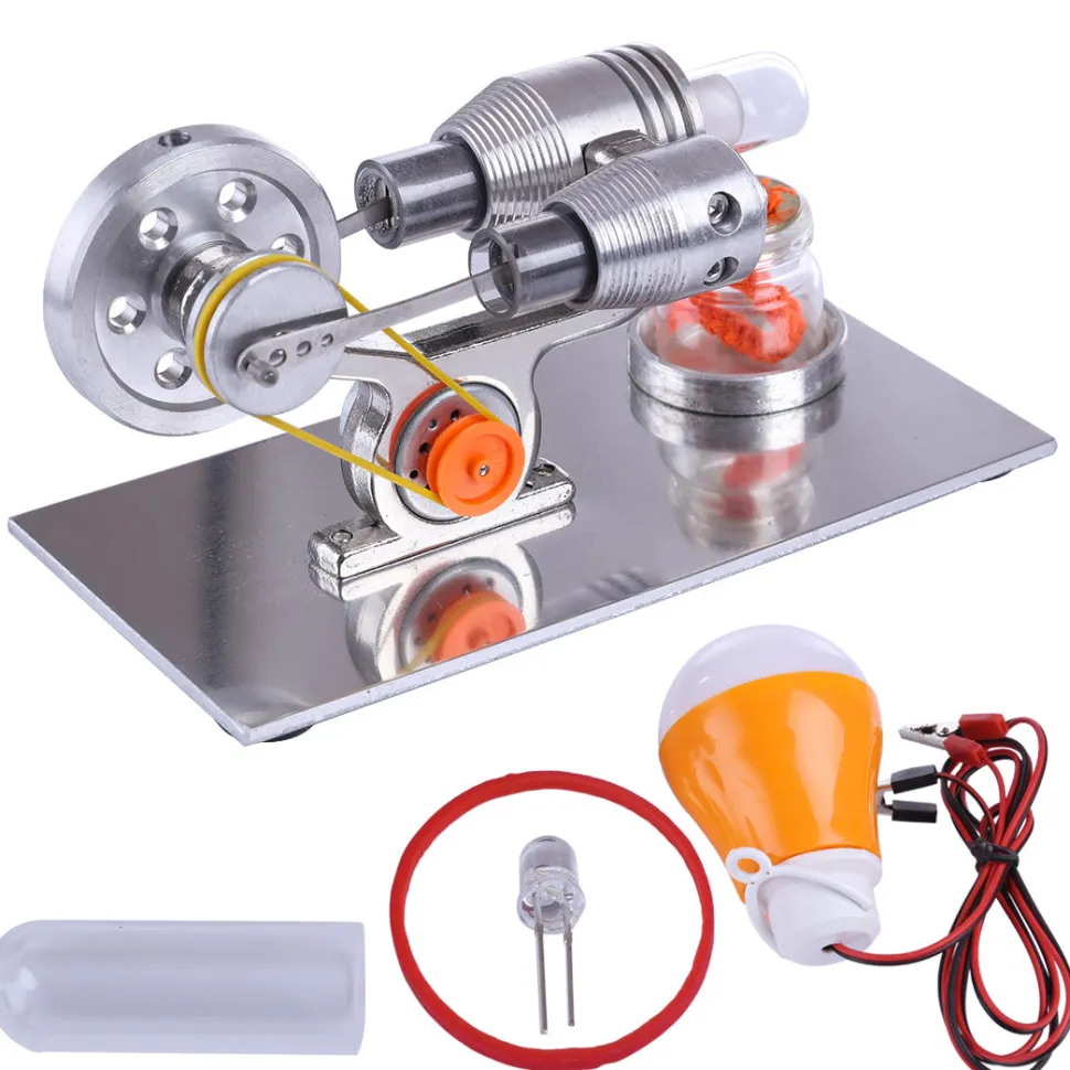 Stirling Engine Model with Electricity Generator - Light Up Colorful LED Enginediy