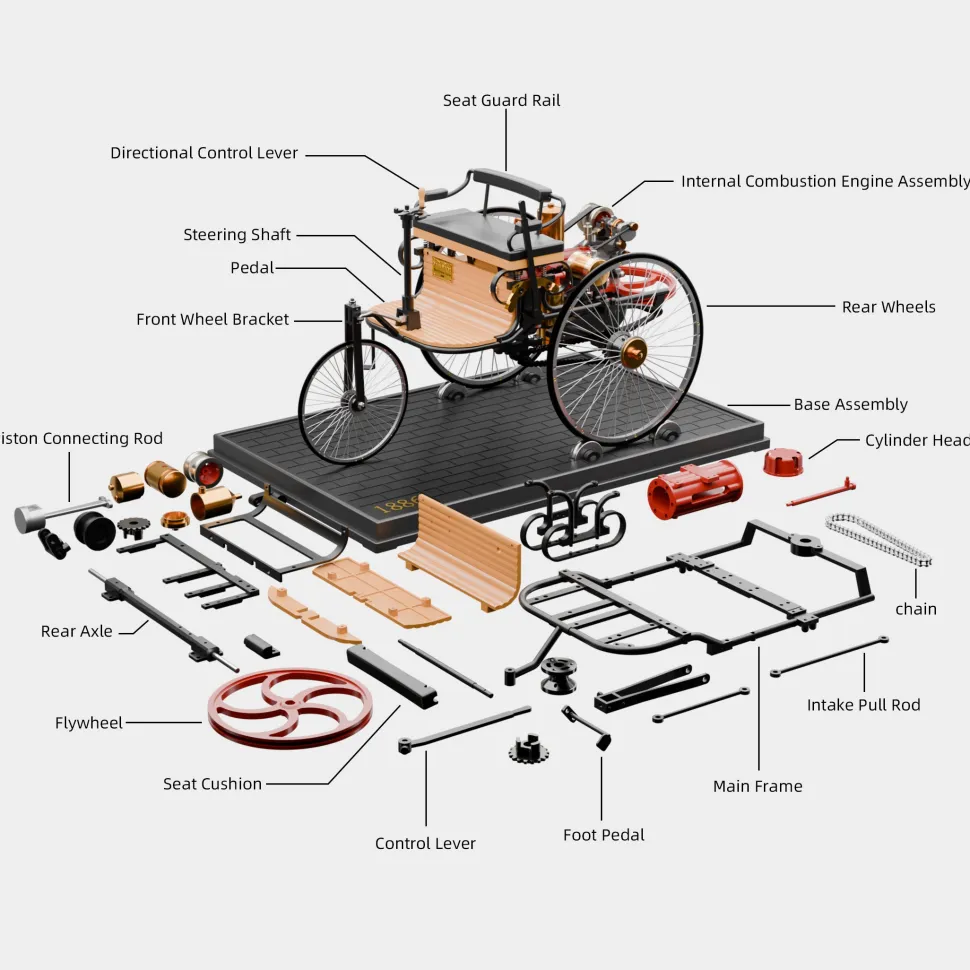 TECHING World's 1st Automobile that Works - Build Your Own Retro Car - Full Metal Three-Wheel Model Kit 430+Pcs