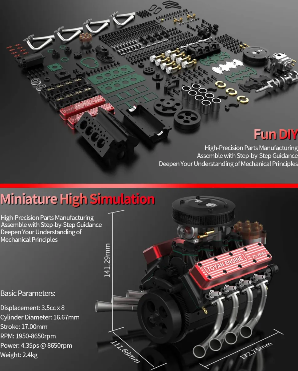 TOYAN V8 Engine FS-V800WGPC 28cc OHV Gasoline Engine - Build Your Own V8 Engine - V8 Engine Model Kit That Works