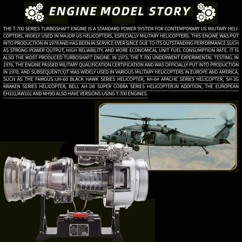 T700 Turboshaft Engine Model Kit that Works - Build Your Own Turboshaft Engine - TECHING 1/4 Metal Simulation Electric Military Helicopter Turboshaft Engine Model DM136