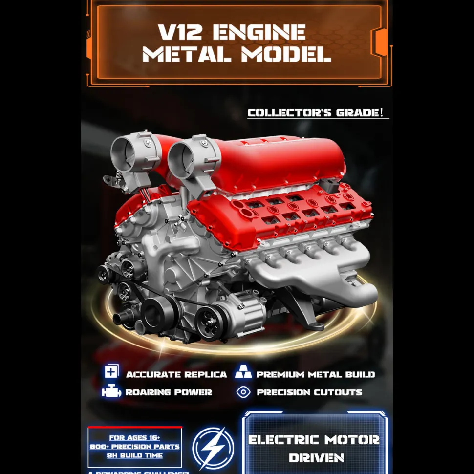 V12 Engine Model Kit that Works - Build Your Own V12 Engine - TECHING 1/4 Supercar V12 Engine Model Kit with Synchronized Throttle Sound Effects 800+PCS