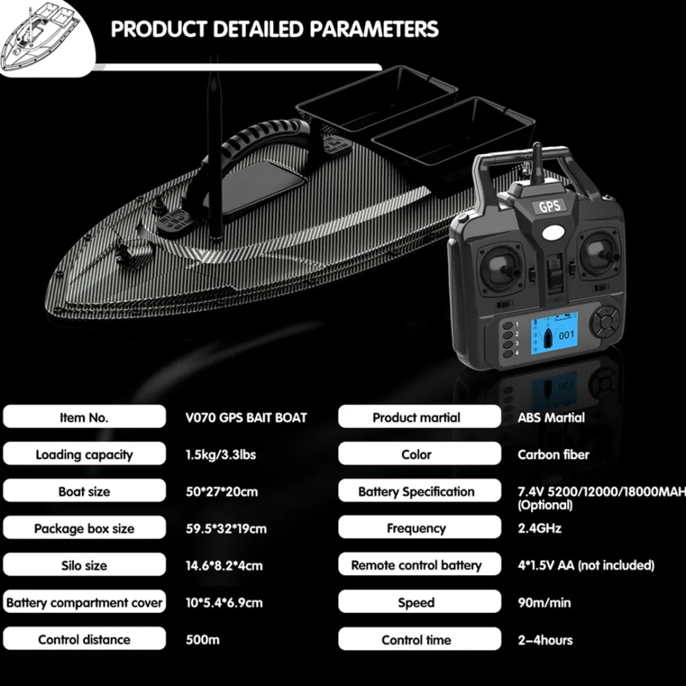 V070 GPS RC Bait Boat – 12000mAh, 500m Range, 1.5kg Dual-Hopper, 40 Waypoints
