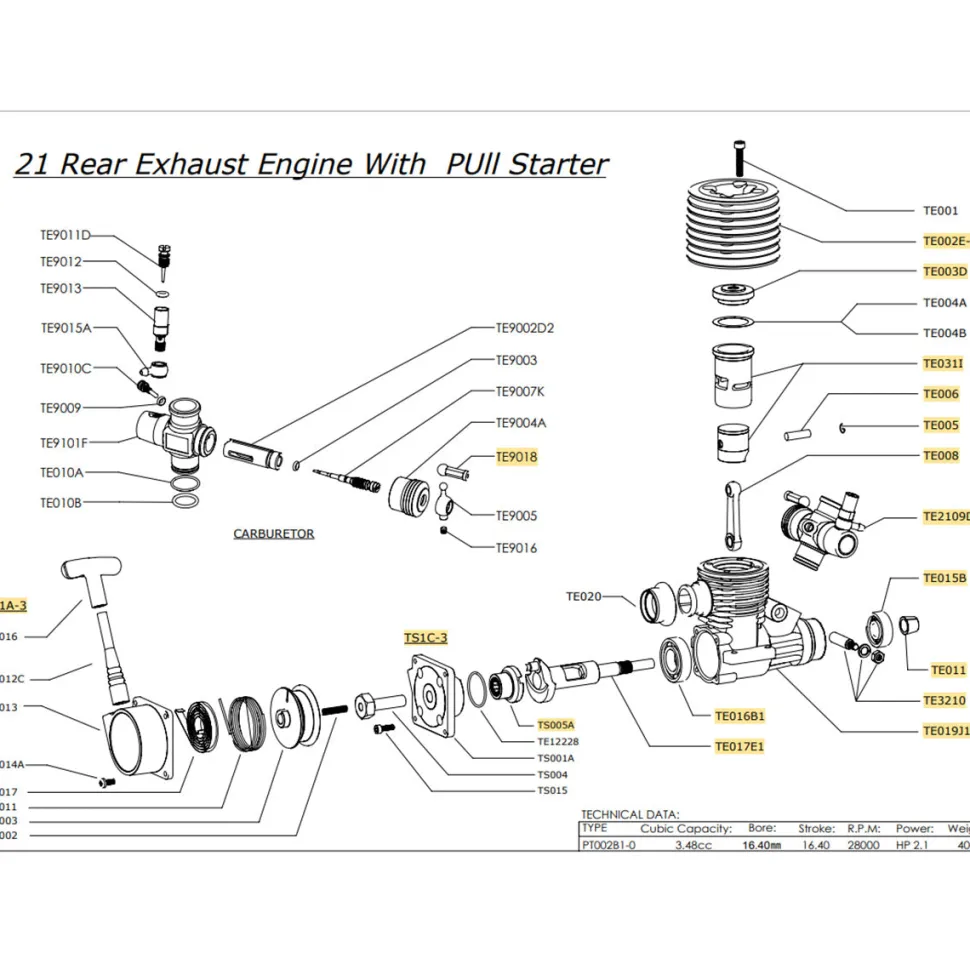 VRX SH.21 3.48cc Rear Exhaust Engine Model with PUI Starter for 1/8 Scale Methanol Fuel-Powered RC Car