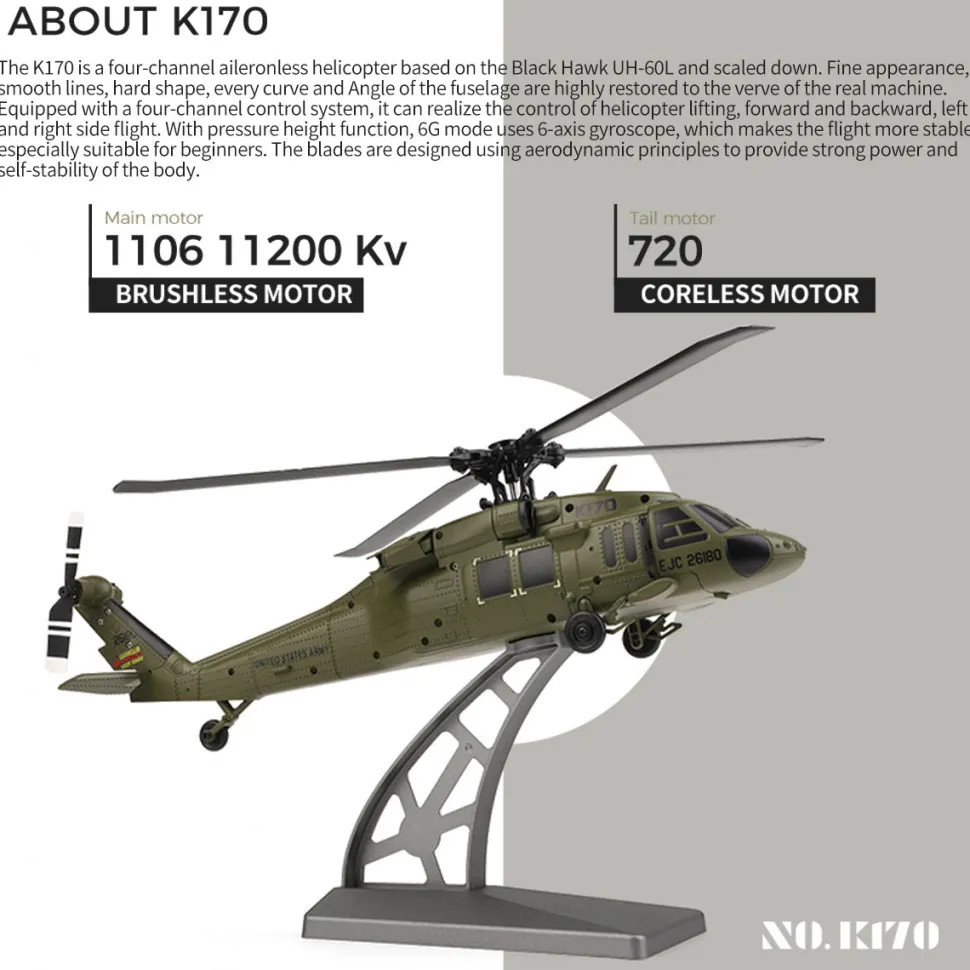 WL K170 Black Hawk UH-60L 170 Size 2.4G 4CH Flybarless RC Helicopter with Adjustable Left and right Hand Throttle (RTF Version)