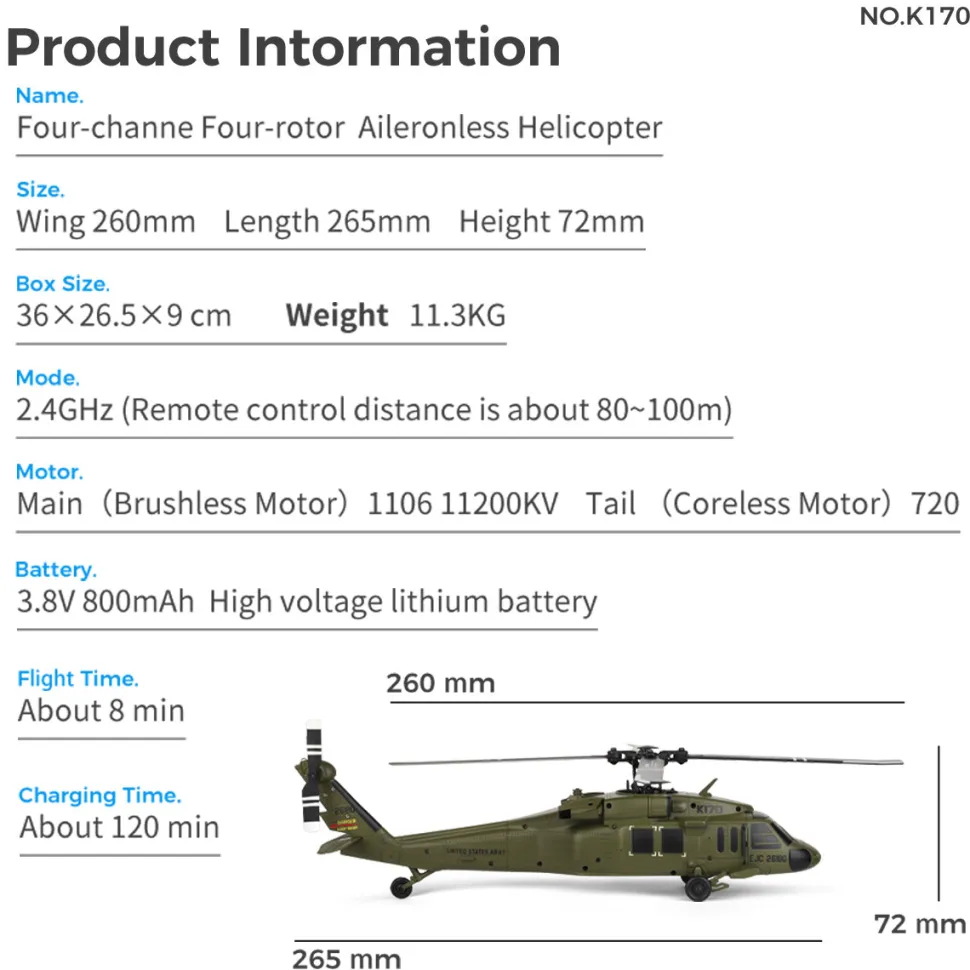 WL K170 Black Hawk UH-60L 170 Size 2.4G 4CH Flybarless RC Helicopter with Adjustable Left and right Hand Throttle (RTF Version)