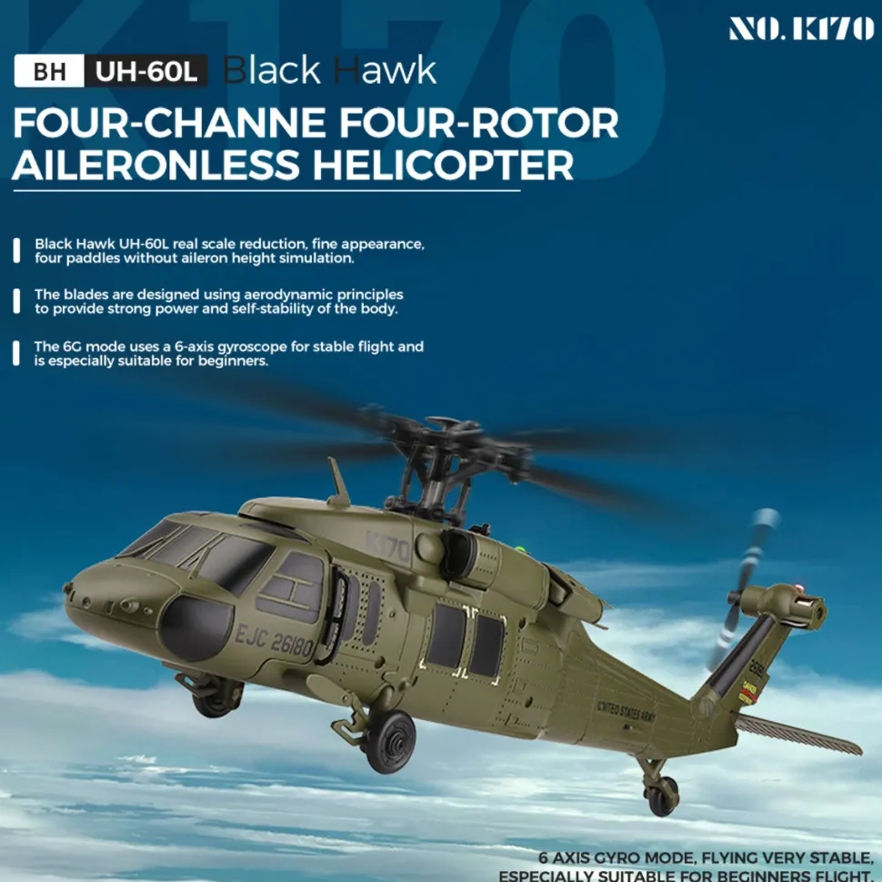 WL K170 Black Hawk UH-60L 170 Size 2.4G 4CH Flybarless RC Helicopter with Adjustable Left and right Hand Throttle (RTF Version)