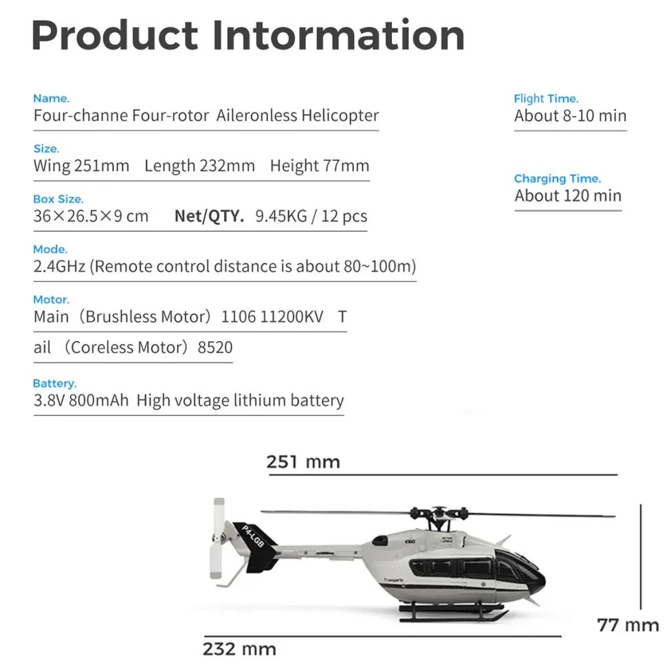 WL-K160 EC-145 160-Class 4-Prop 4CH Flybarless RC Helicopter with Adjustable Throttle
