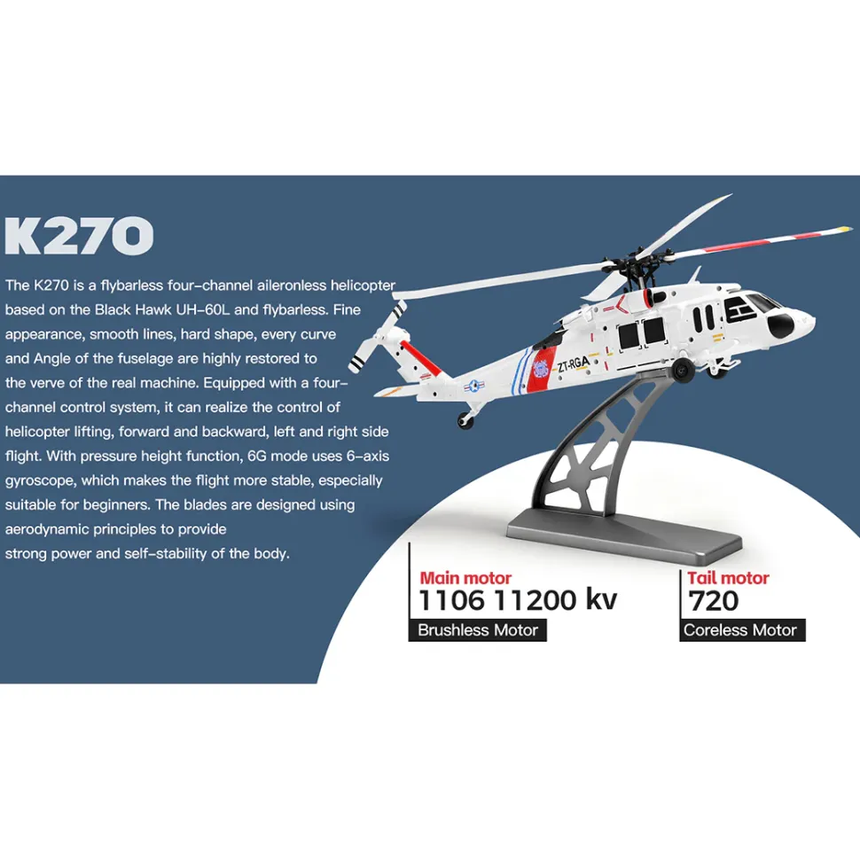 WL K270 UH-60L 2.4G 4CH 170-Class 4-Rotor Flybarless Realistic Helicopter Model with Barometric Altitude & Left/Right Hand Throttle Adjustment (Optical Flow RTF Version)