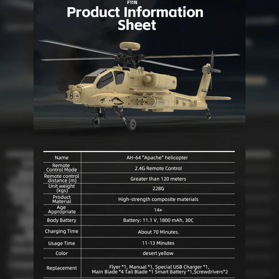 WOLFBUSH & YU XIANG F11-N AH64 Apache RC Helicopter – 1/32 Scale 2.4G 6CH Coaxial Dual Rotor with Optical Flow Altitude Hold