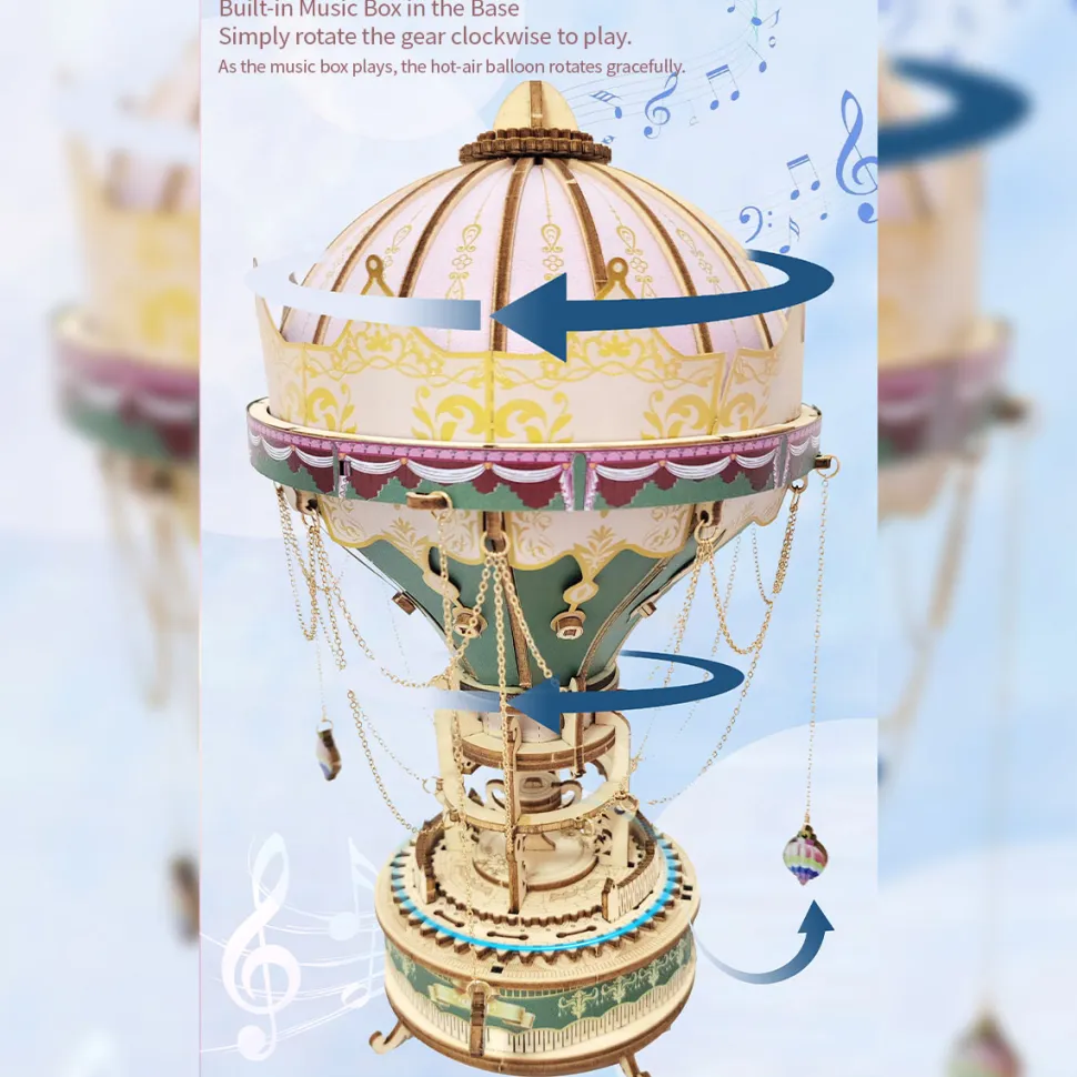 Wooden DIY Dream Hot Air Balloon Steampunk Music Box Model Kit - Handcrafted Gift