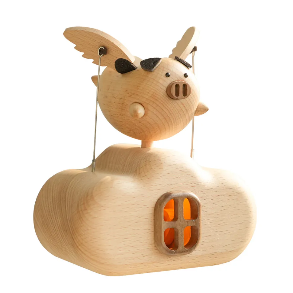 Wooden Illuminated Flying Pig Dynamic Model - Desktop Stress Relief Display (Non-Music Box)