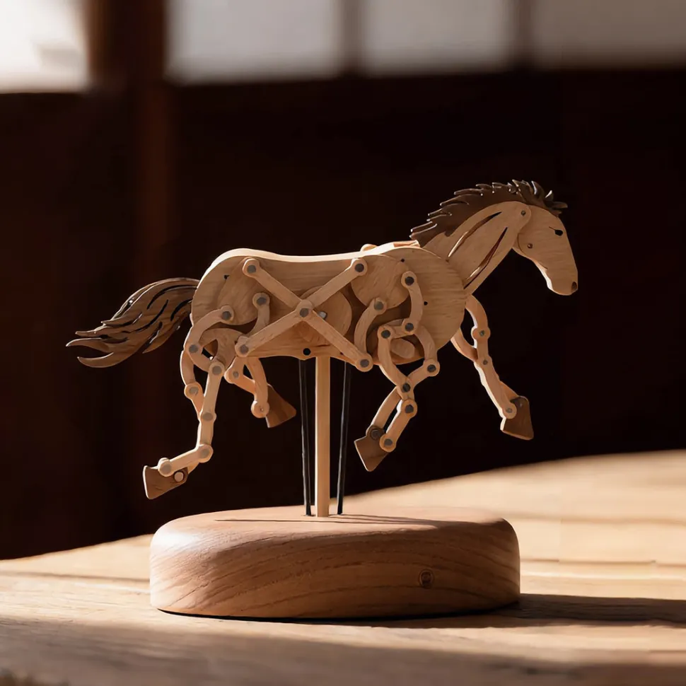 Wooden Qianli Horse Dynamic Model - Desktop Stress Relief Display (Non-Music Box)