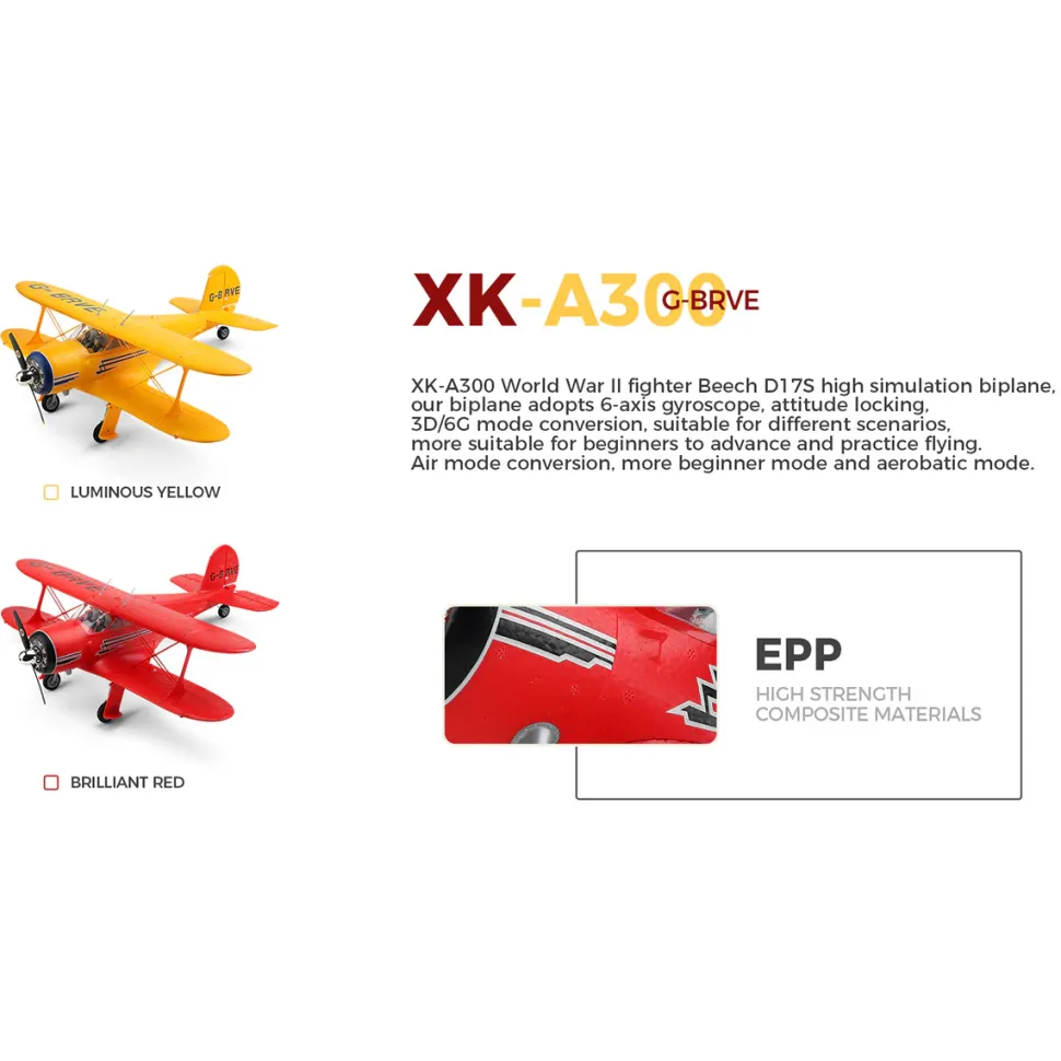 XK A300 Beech D17S Biplane 3D/6G 2.4G 4CH Brushless Scale RC Airplane Model, 550mm Wingspan EPP Fixed Wing Aircraft with Quick Release