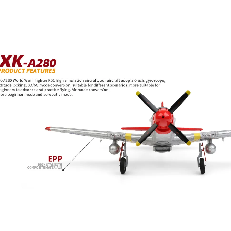 XK A280 P-51 3D/6G 2.4G 4CH Brushless Scale RC Airplane Model, 560mm Wingspan EPP Fixed Wing Aircraft with Quick Release