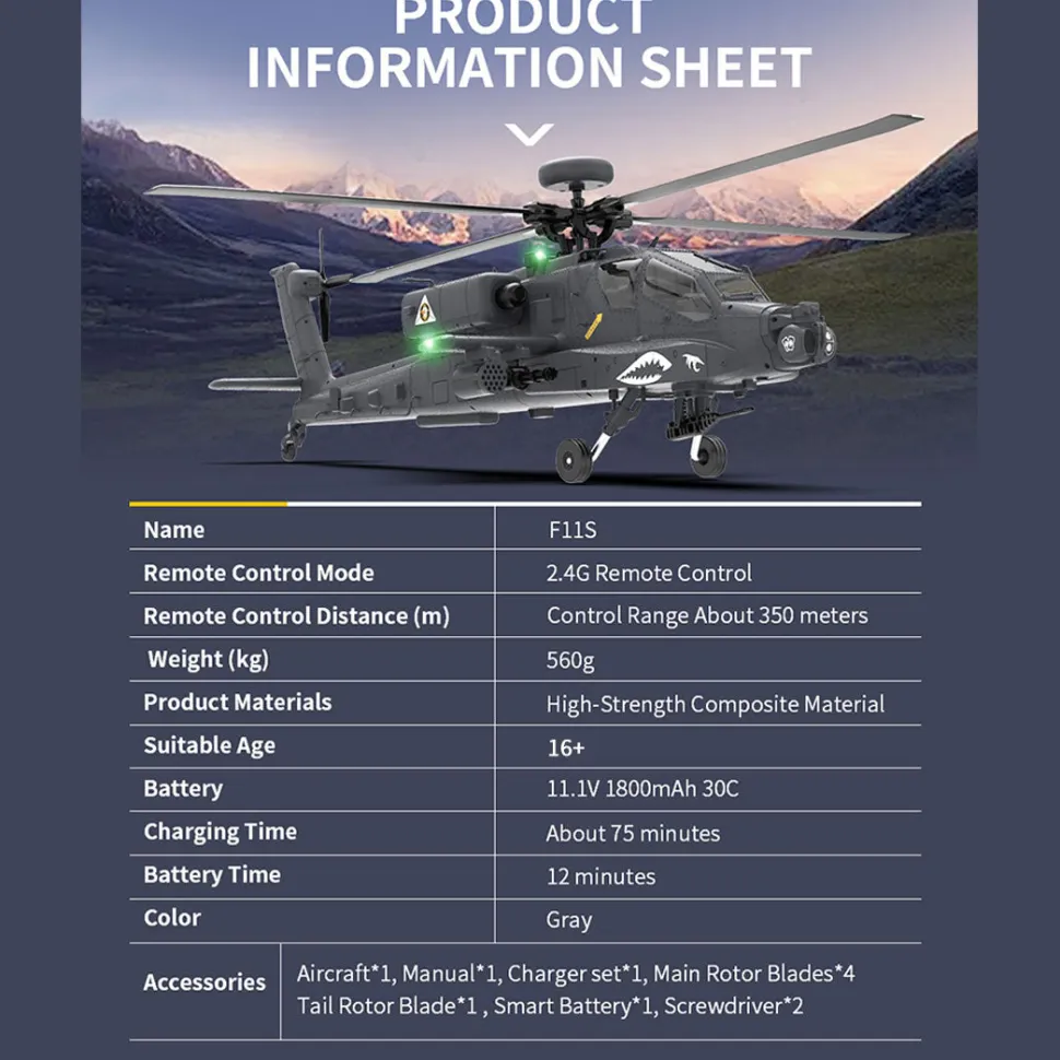 YU XIANG Apache GPS Helicopter F11-S AH64 1/32 Scale 2.4G 6CH RC Dual-Axis Co-Drive Flybarless 6G/3D Stunt