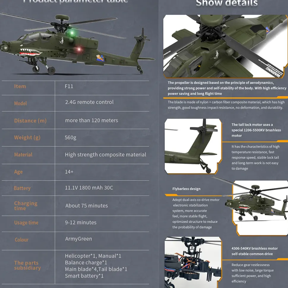 YU XIANG F11 AH64 1/32 Scale 2.4G 6CH BNF Version Helicopter Model