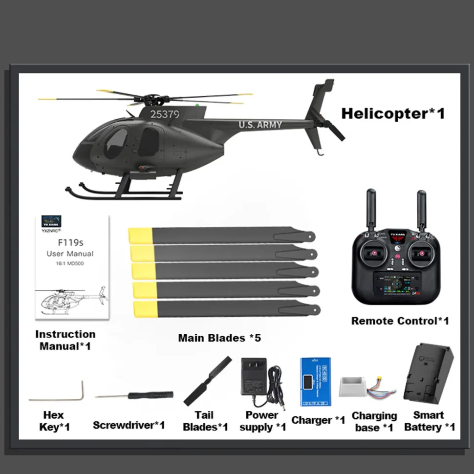 YU XIANG F119S MD500 1/16 Scale 250-Class RC Little Bird Helicopter – Flybarless 2.4G 9CH RTF Model with 6G/3D Flight Modes