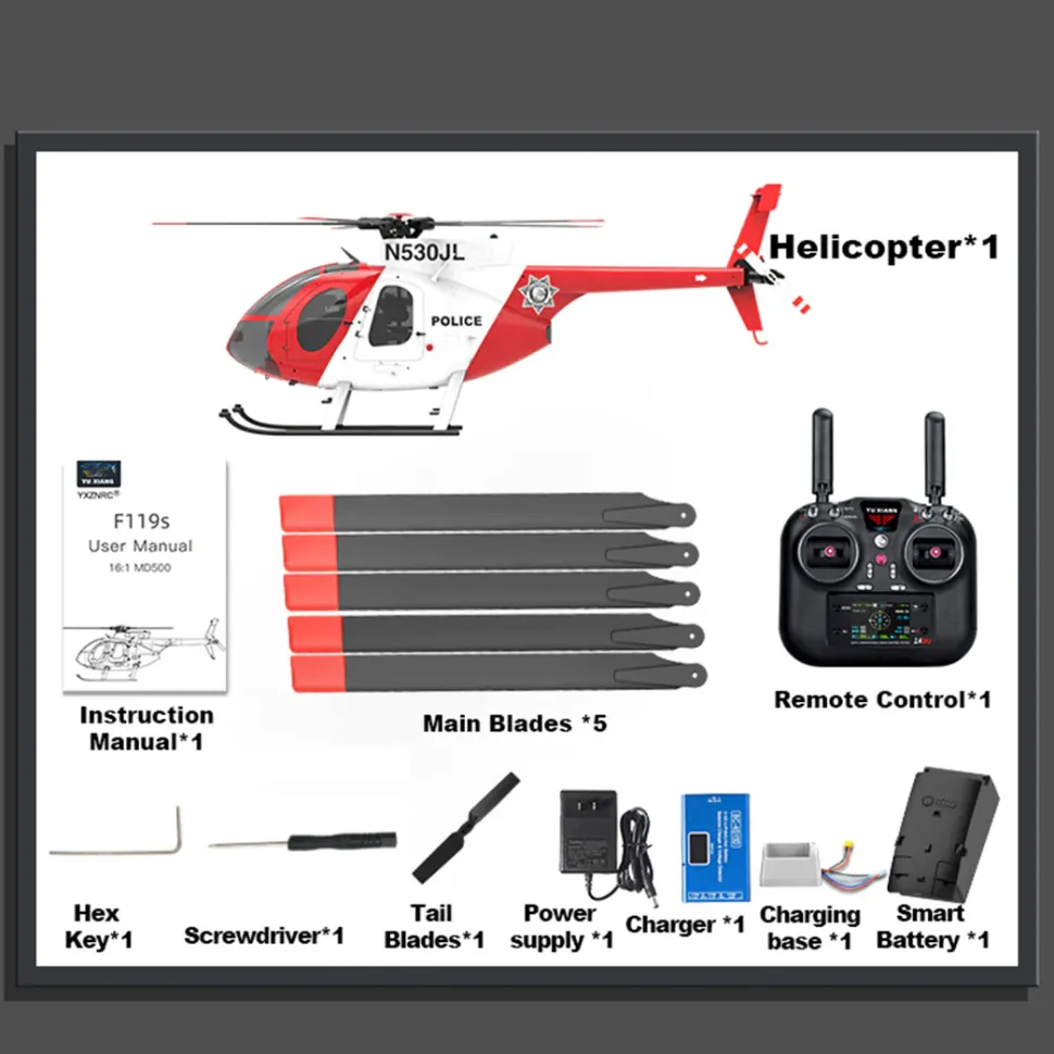 YU XIANG F119S MD500 1/16 Scale 250-Class RC Little Bird Helicopter – Flybarless 2.4G 9CH RTF Model with 6G/3D Flight Modes