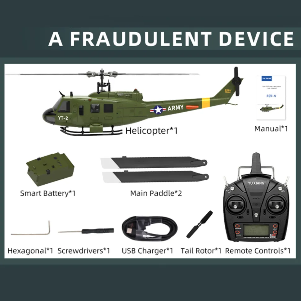 YU XIANG F07-V 1/34 Scale UH-1 Huey 2.4G 6CH Brushless Direct-Drive Flybarless RC Helicopter Model Mode 1/Mode 2 Switchable (RTF Version)